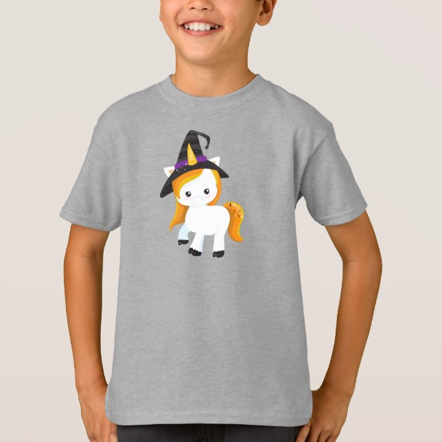 Halloween, Cute Unicorn, Magic Unicorn, Witch Hat T-Shirt (Front)