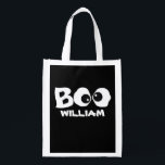 Halloween Cute Whimsical Scary Ghost Boo Reusable Grocery Bag<br><div class="desc">Goofy-eyed BOO for your Halloween. A simple design with goofy cross-eyed ghoul eyes saying BOO! Trick or treat fun will be had by all with this whimsical design. Happy Halloween fun with a black background and a simple white border, Personalise for yourself or your favourite ghosts and goblins. The kids...</div>