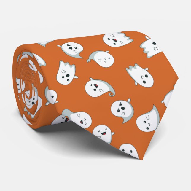 Halloween Cute White Ghosts on Orange Pattern Tie (Rolled)