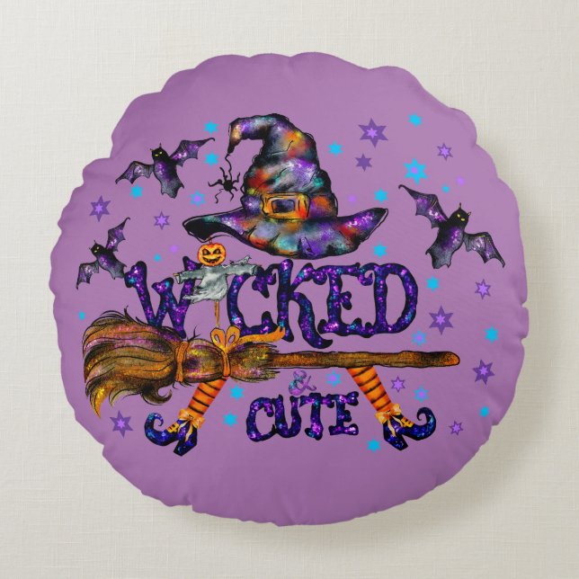 Halloween Cute Wicked Witch Round Cushion (Front)