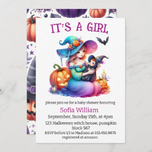 Halloween cute witch baby girl shower invitation