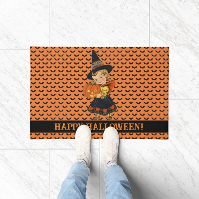 Halloween Cute Witch Custom Greeting Orange Black Doormat (Indoor)