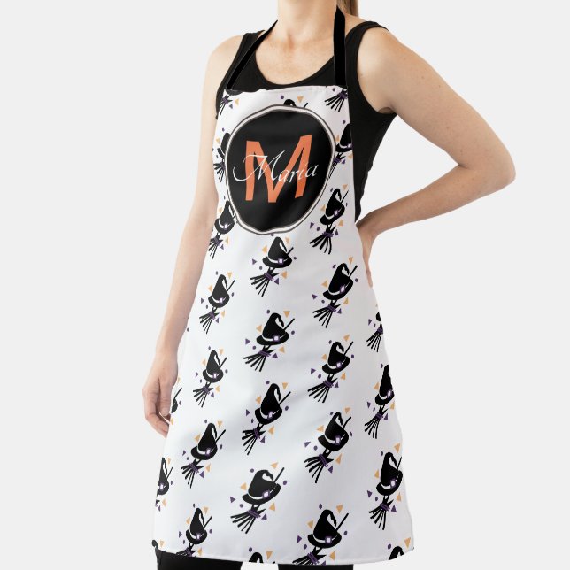Halloween Cute Witch Hat  Orange Black Monogram Apron (Insitu)