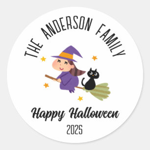 Halloween Cute Witch on a Broom Personalised Name Classic Round Sticker