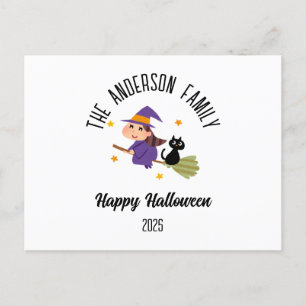 Halloween Cute Witch on a Broom Personalised Name Holiday Postcard