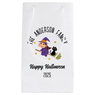 Halloween Cute Witch on a Broom Personalised Name Small Gift Bag