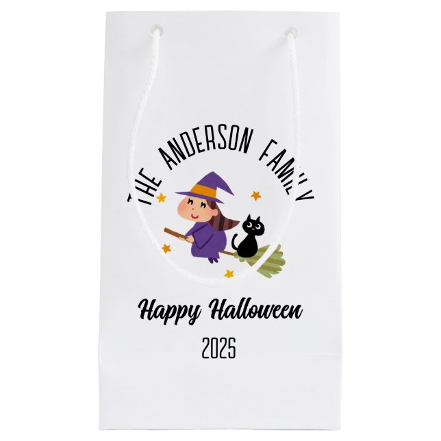 Halloween Cute Witch on a Broom Personalised Name Small Gift Bag (Front)