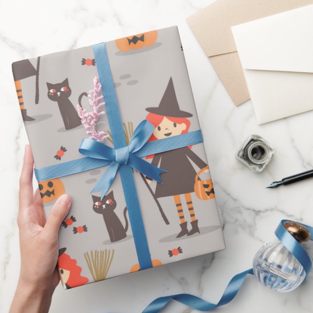 Halloween Cute Witch, Pumpkin, Black Cat Wrapping Paper (Gifting)