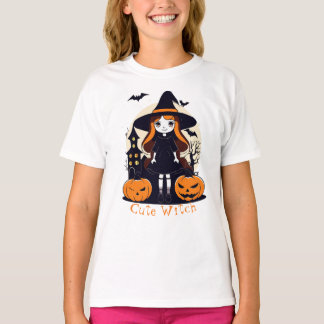 Halloween Cute Witch Pumpkins Bats & Witch House T-Shirt