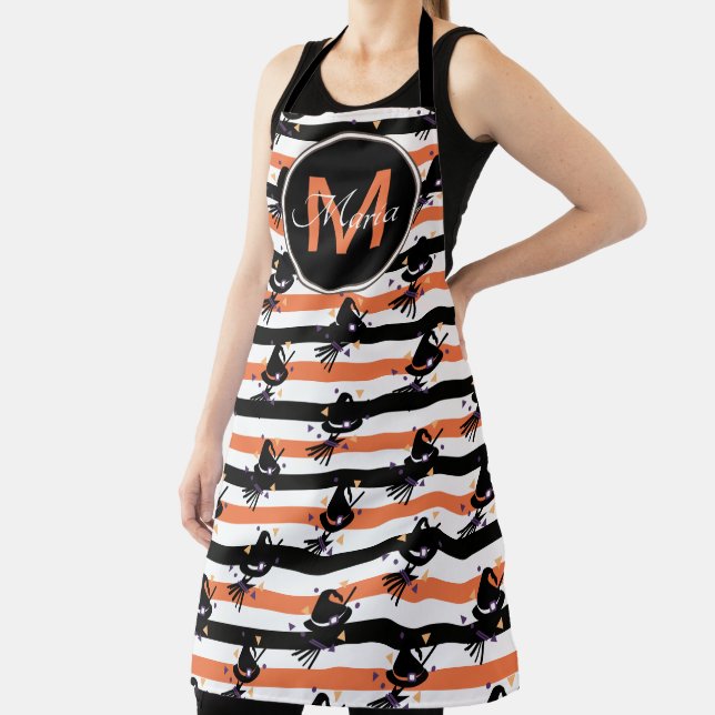 Halloween Cute Witch Stripes Orange Black Monogram Apron (Insitu)