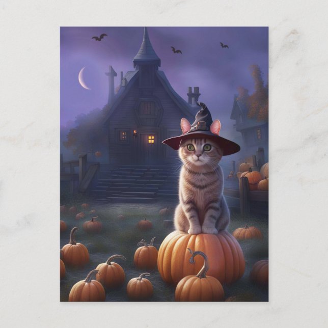Halloween Cute Witchy Cat Pumpkins Holiday Postcard (Front)