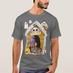 Halloween Dachshund Dog Witch Haunted House T-Shirt