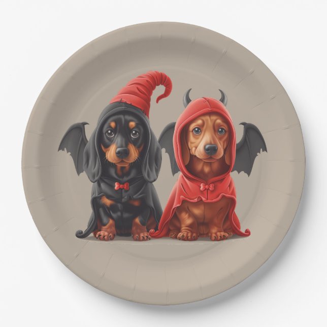 Halloween Dachshund Dogs Devil Bat Paper Plate (Front)