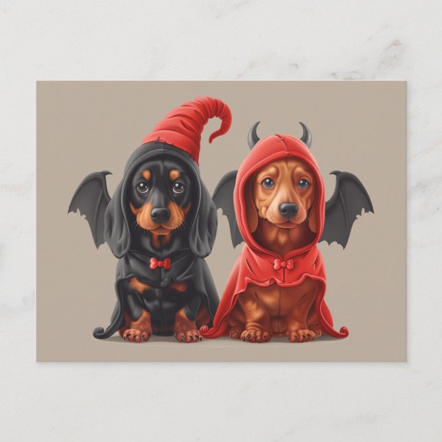 Halloween Dachshund Dogs Devil Bat Postcard (Front)
