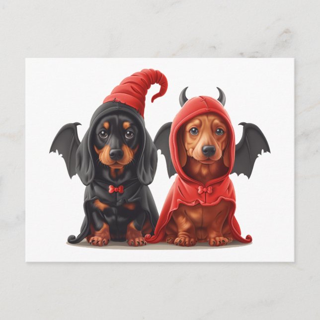 Halloween Dachshund Dogs Devil Bat Postcard (Front)