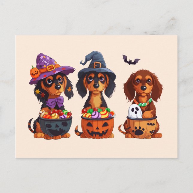 Halloween Dachshund Dogs Pumpkin Candy Bucket Postcard (Front)