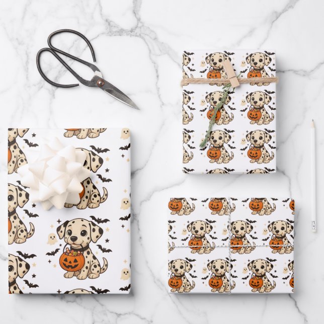Halloween Dalmatian Dog Trick or Treat Wrapping Paper Sheet (Front)