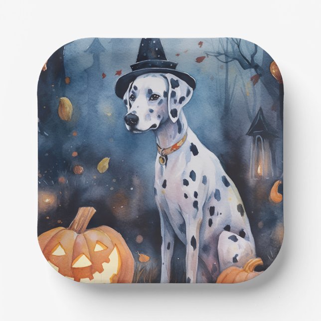 Halloween Dalmation With Pumpkins Scary Paper Plate (Front)