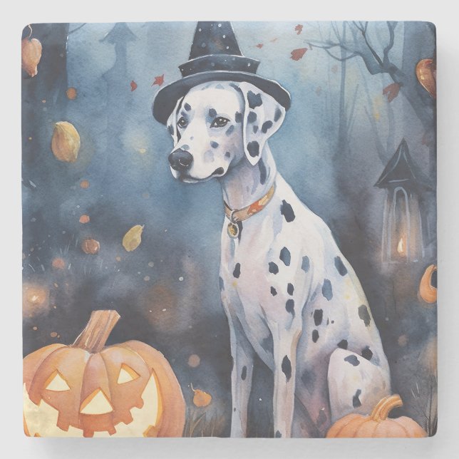 Halloween Dalmation With Pumpkins Scary Stone Coaster (Front)