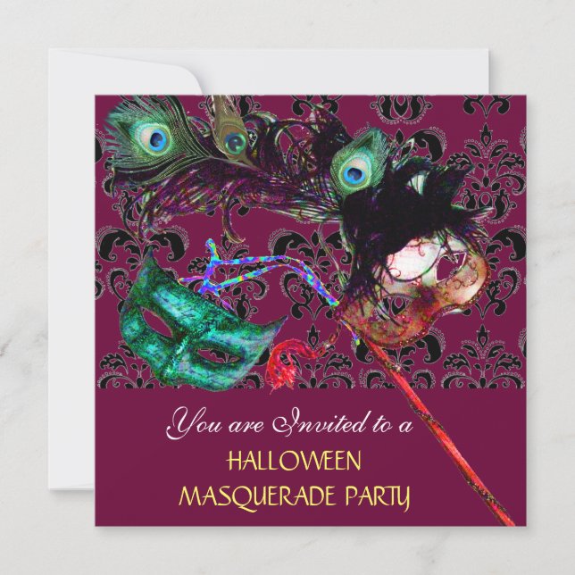 HALLOWEEN  DAMASK MASQUERADE PARTY violet blue Invitation (Front)