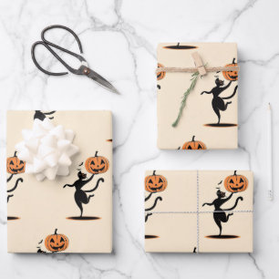 Halloween Dancing Black Cat with Pumpkin Wrapping Paper Sheet