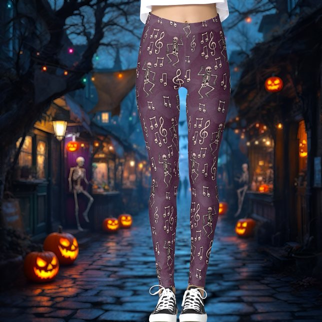 Halloween Dancing Skeleton Music Notes  Leggings (Spooky skeleton dance leggings with vintage music notes on a rich purple background.)