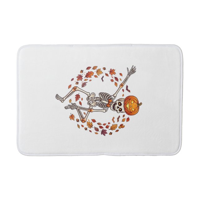 Halloween Dancing Skeleton Pumpkin Head Autumn Lea Bath Mat (Front)