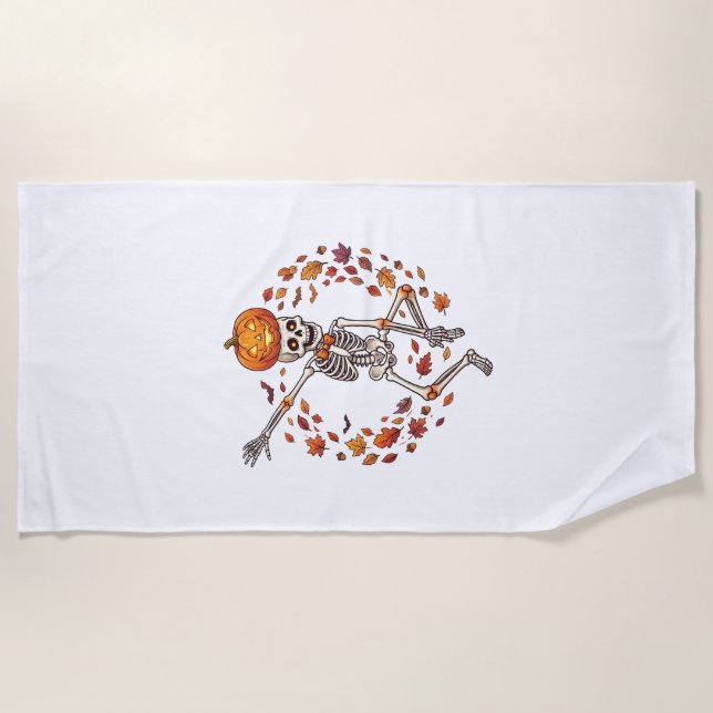 Halloween Dancing Skeleton Pumpkin Head Autumn Lea Beach Towel (Front)