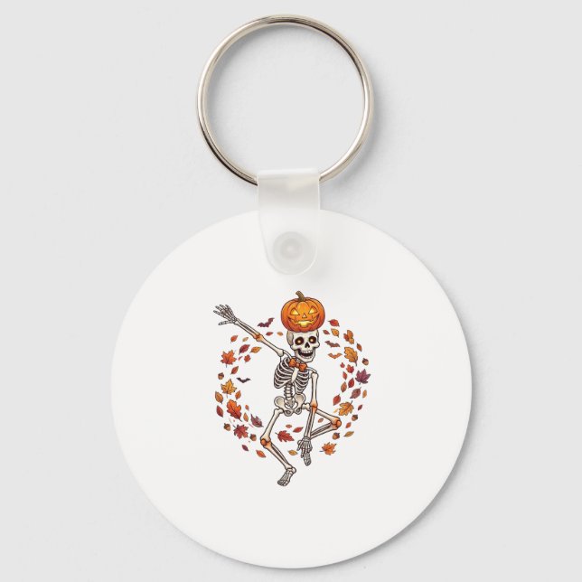 Halloween Dancing Skeleton Pumpkin Head Autumn Lea Key Ring (Front)