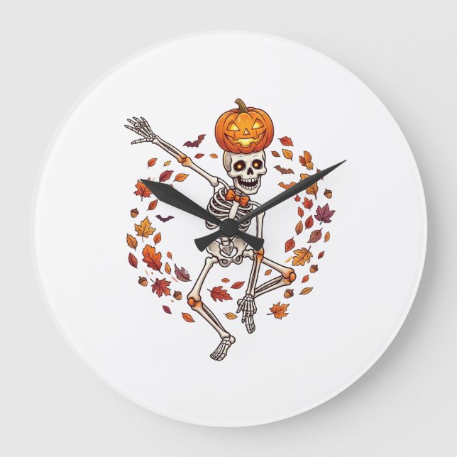 Halloween Dancing Skeleton Pumpkin Head Autumn Lea Large Clock (Front)