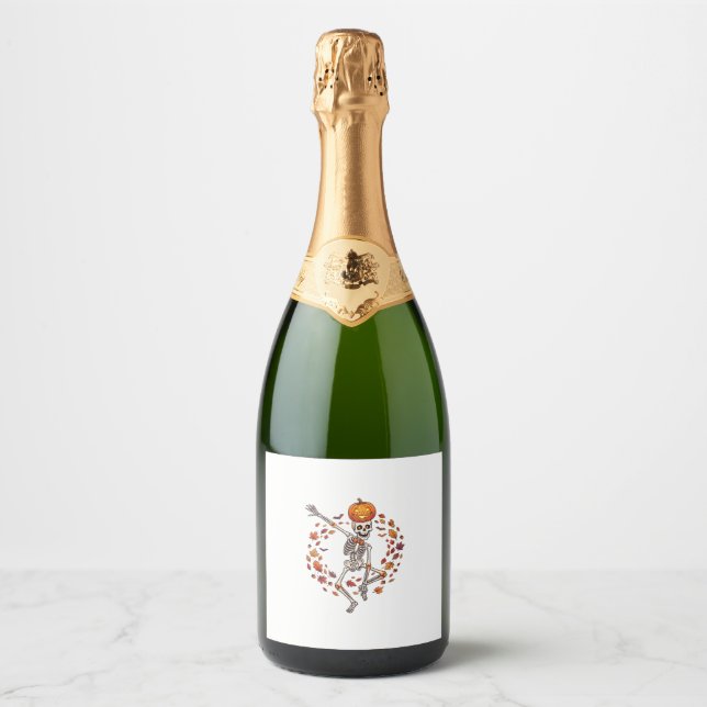 Halloween Dancing Skeleton Pumpkin Head Autumn Lea Sparkling Wine Label (Front)