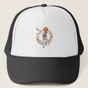 Halloween Dancing Skeleton Pumpkin Head Autumn Lea Trucker Hat