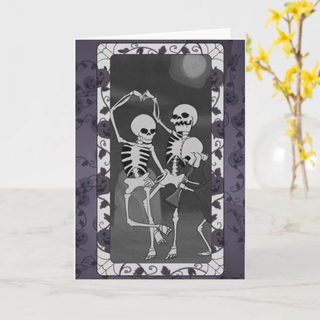 Halloween Dancing Skeletons Card (Yellow Flower)