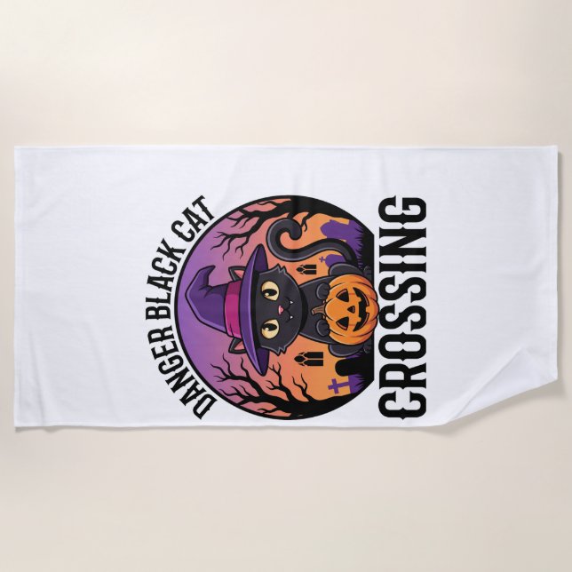 Halloween Danger Black Cat Crossing Beach Towel (Front)