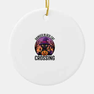 Halloween Danger Black Cat Crossing Ceramic Tree Decoration