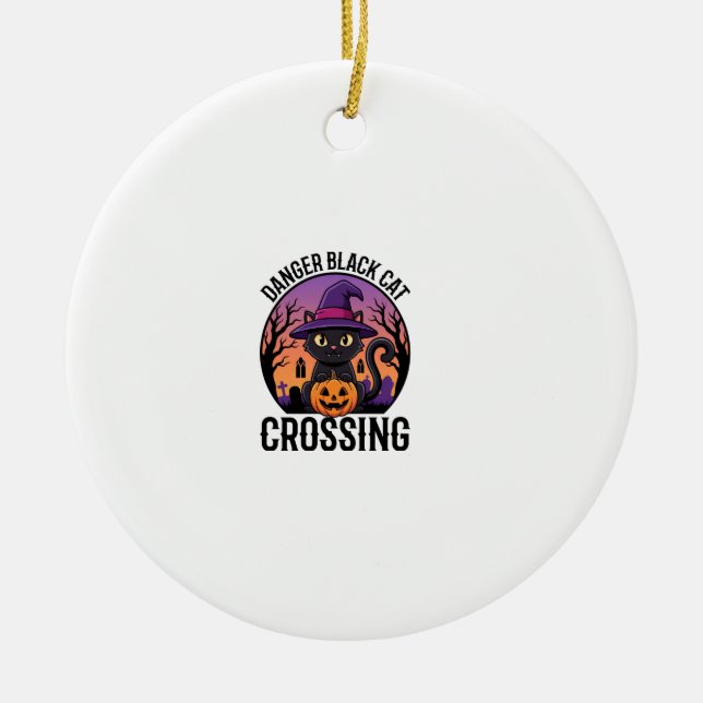 Halloween Danger Black Cat Crossing Ceramic Tree Decoration (Front)
