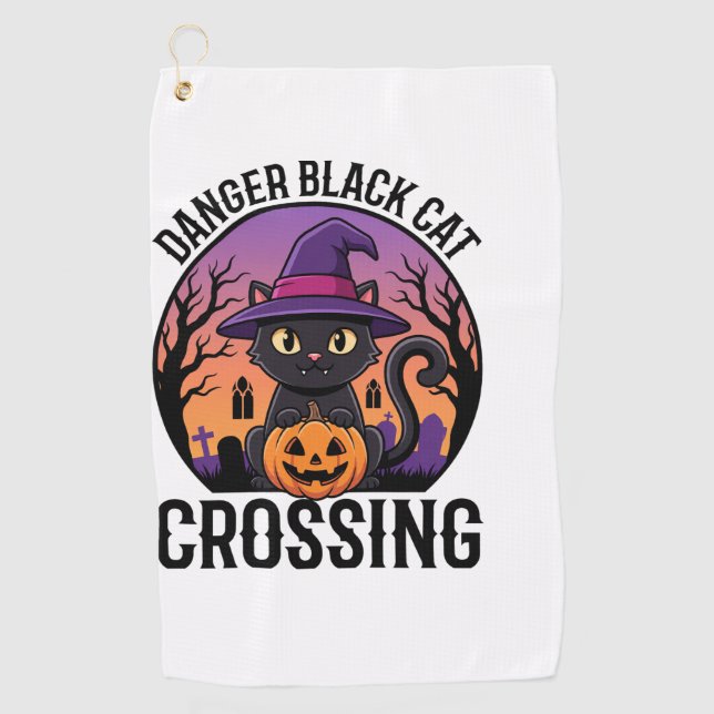 Halloween Danger Black Cat Crossing Golf Towel (Front)