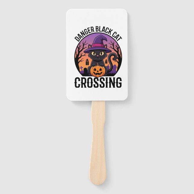 Halloween Danger Black Cat Crossing Hand Fan (Front)