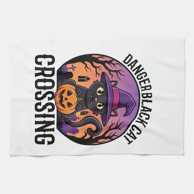 Halloween Danger Black Cat Crossing Tea Towel (Horizontal)