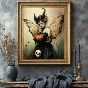 Halloween Dark Fairy with Pumpkin and Skull  Photo Print