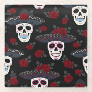 HALLOWEEN DAY OF THE DEAD CANDY SKULLS GLASS COASTER