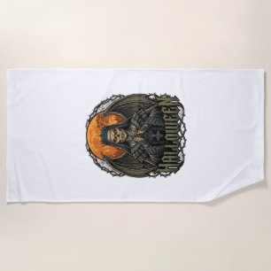 Halloween Demon Nun Crown Wings Orange Moon_1 Beach Towel