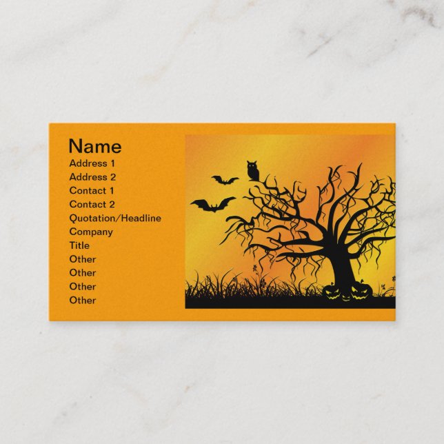 Halloween Design with Bats, Tree and Pumpkins Business Card (Front)