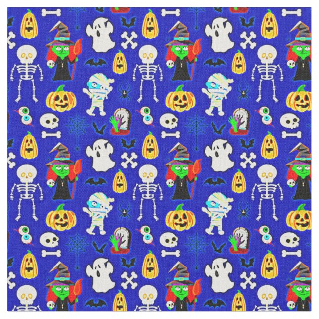 Halloween Designs Icons on Blue Fabric (Close Up)