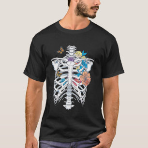 Halloween Dia De Los Muertos Skeleton Cage Flowers T-Shirt