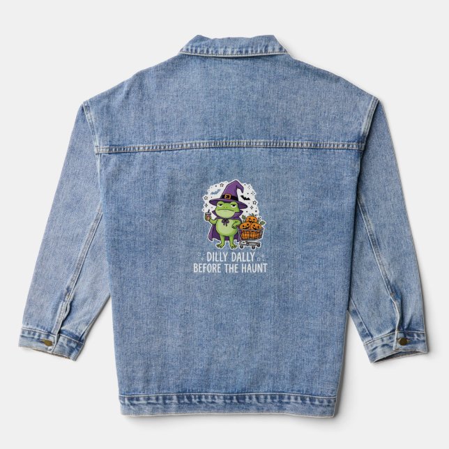 Halloween Dilly Dally Frog Witch Pumpkin Cart Denim Jacket (Back)