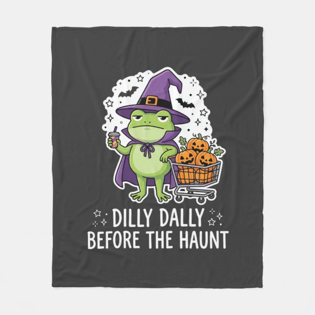 Halloween Dilly Dally Frog Witch Pumpkin Cart Fleece Blanket (Front)