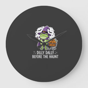 Halloween Dilly Dally Frog Witch Pumpkin Cart Large Clock