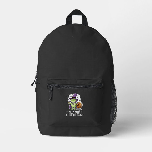 Halloween Dilly Dally Frog Witch Pumpkin Cart Printed Backpack (Front)