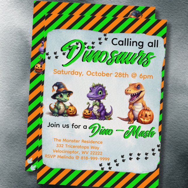 Halloween Dinosaur Dino-Mash Party Invitation (Green & Orange Diagonal Stripe Dinosaur Halloween Dino-Mash Party Invitation)